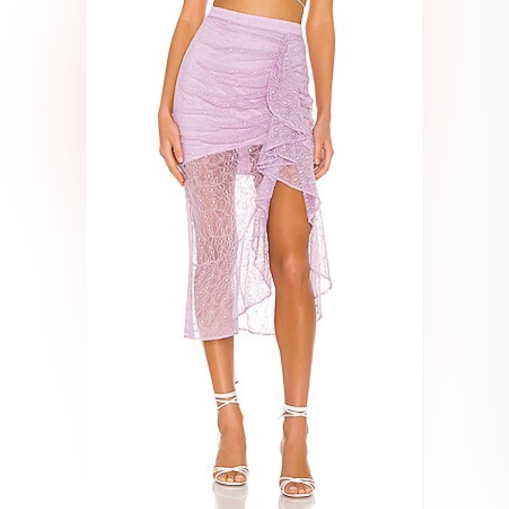 NBD | Bellisima Lavender Lace Ruched Ruffle Asym Midi Skirt Sz S NWT